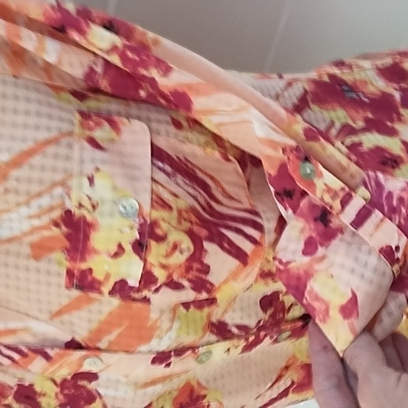 Pink Coral Burgundy Orange Abstract Floral & Check Shirt Roll Tab Sleeve - Picture 2 of 14